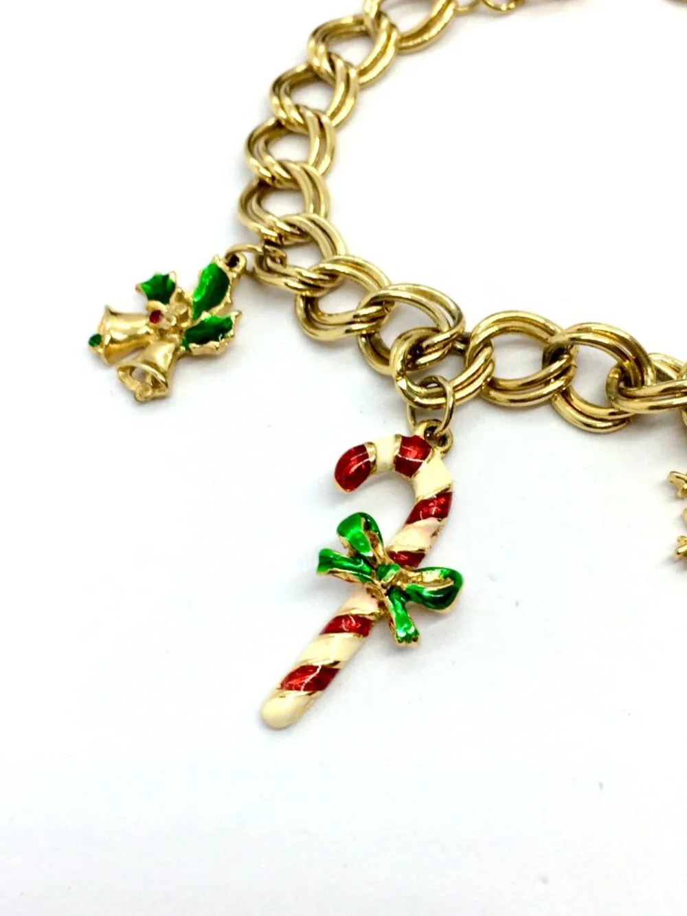 VINTAGE CHRISTMAS BRACELET Gold Tone Enamel Santa Candy Cane Bell Charms 90s